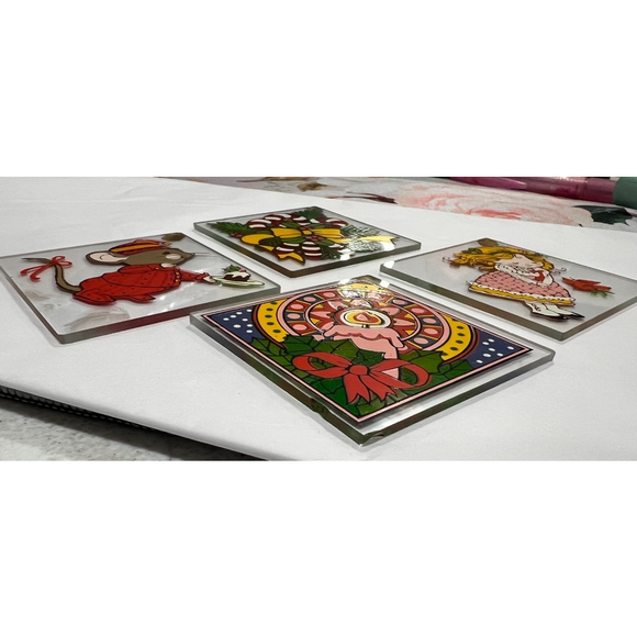 Vintage 1980 Current Glass Christmas Ornaments 2.5" Square with Metal Hanger - Picture 4 of 8